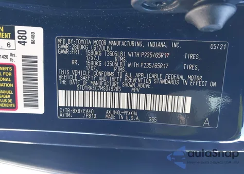 2021 Toyota Sienna Xle z USA, uszkodzony, nr VIN 5TDYRKEC7MS049285